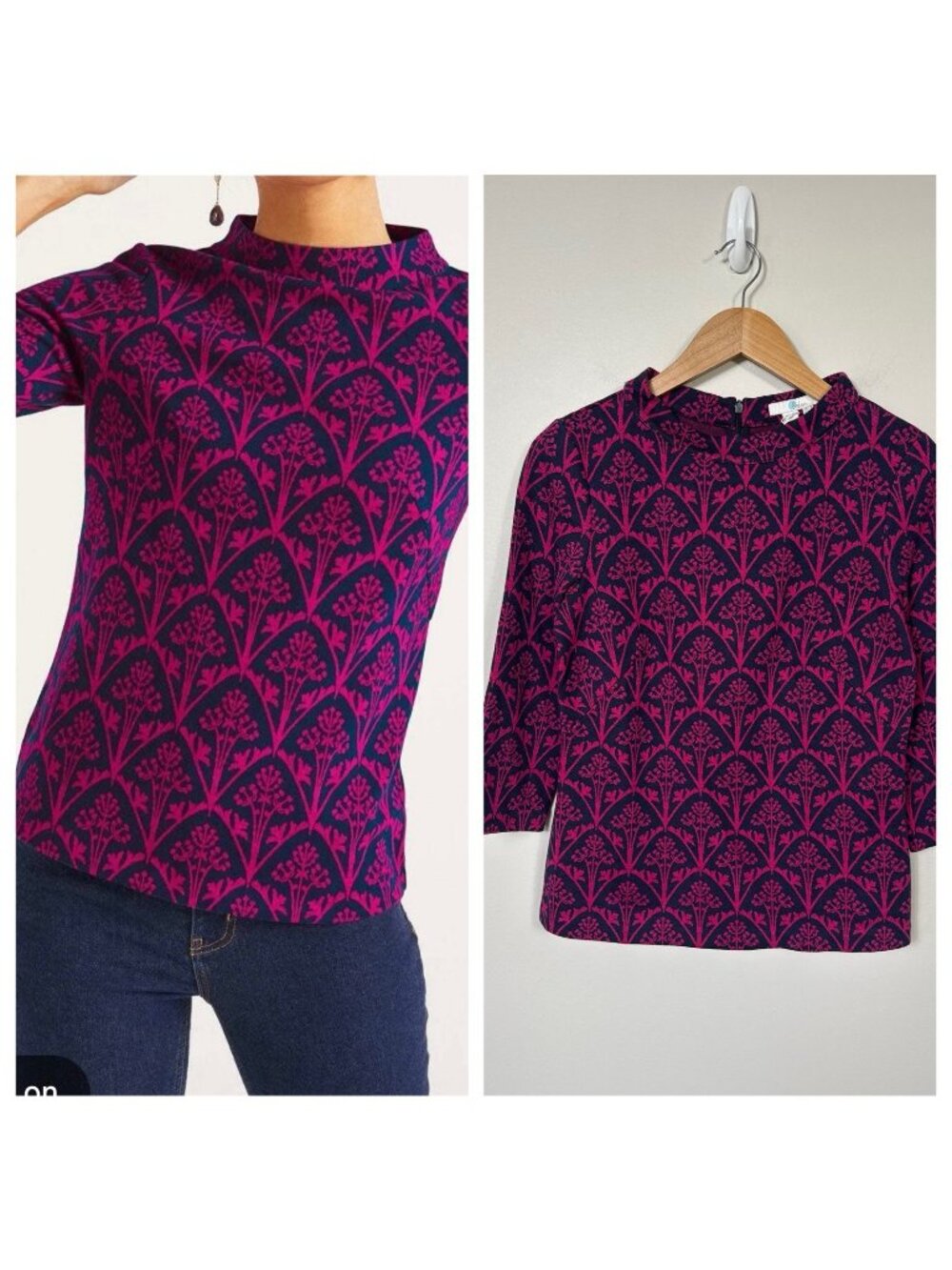Boden Top Women Size 4 Pink Blue Textured Jersey Jacquard Mock Neck Sweater NWT